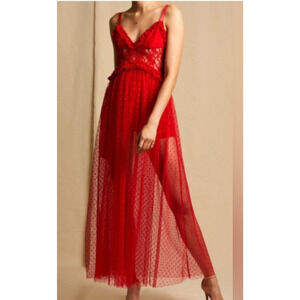 NWT Choosy Red Lace Swiss Dot Maxi Dress 12 Built in Shorts Romantic Sexy Date